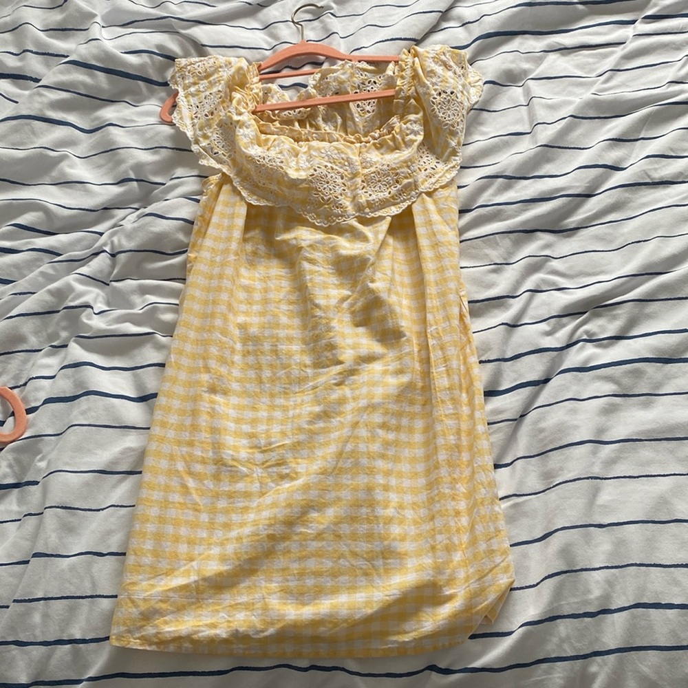 yellow plaid dress that is off shoulder